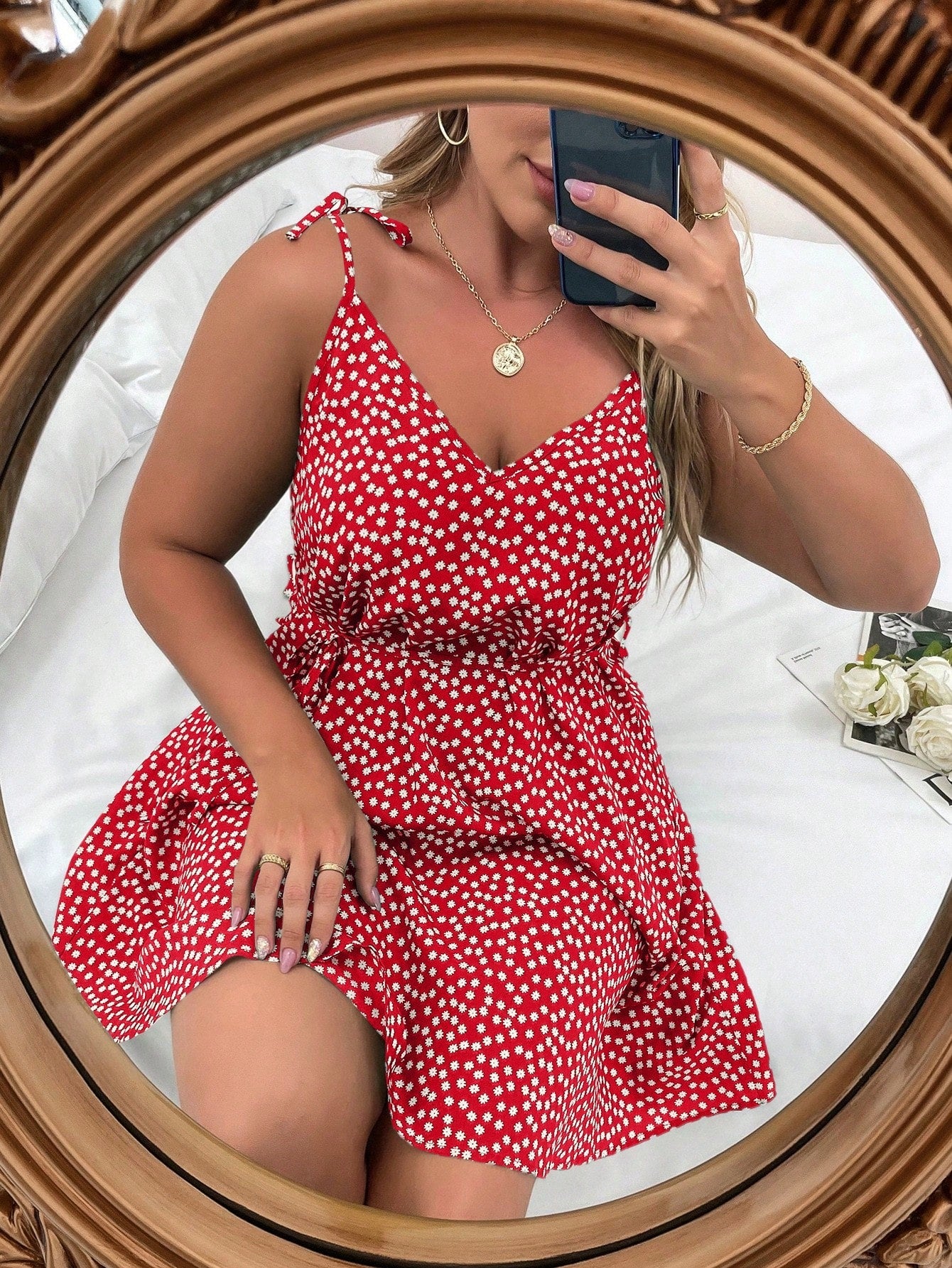 Vestido Feminino Plus Size Estampado de Alças Finas