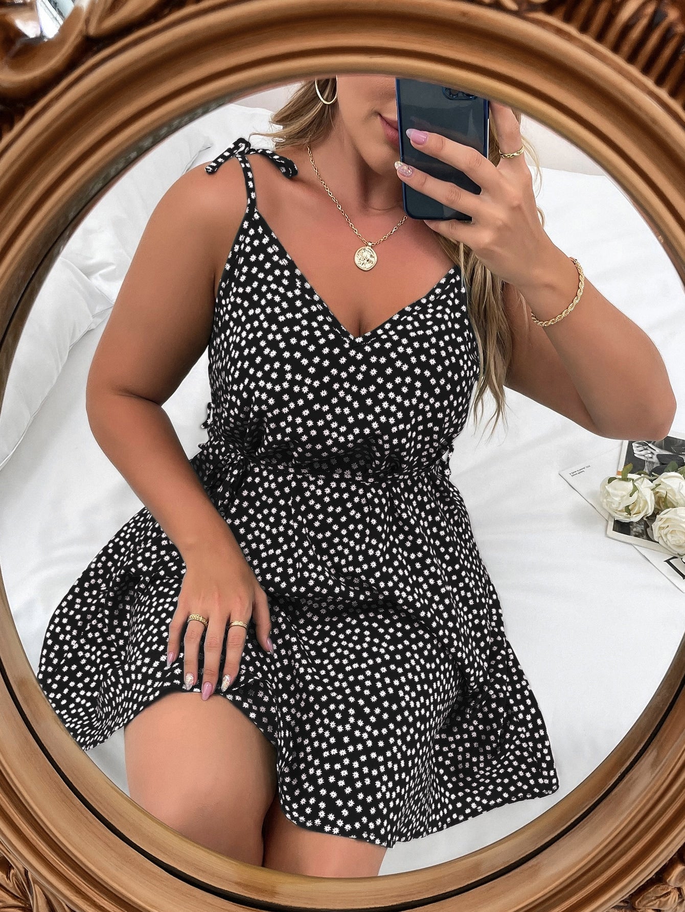 Vestido Feminino Plus Size Estampado de Alças Finas