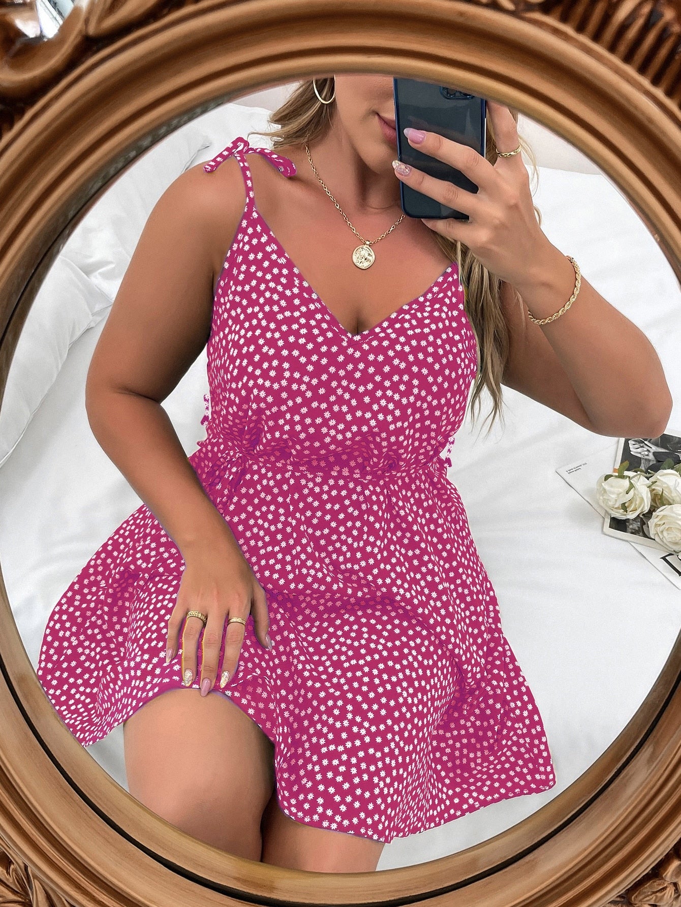 Vestido Feminino Plus Size Estampado de Alças Finas