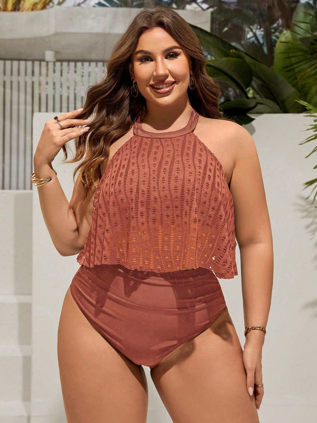 Tankini Feminino Plus Size Cintura Alta com Detalhe Bordado