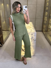 Conjunto Feminino Tricô Casual com Colarinho Baixo