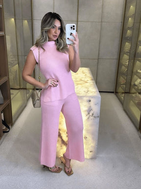 Conjunto Feminino Tricô Casual com Colarinho Baixo