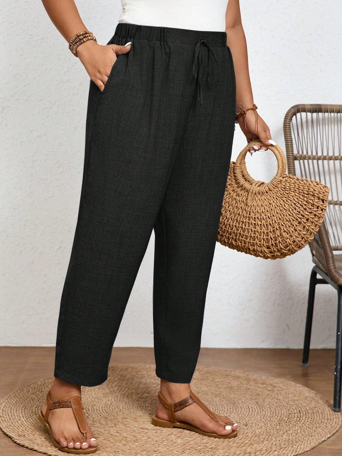 Calça Feminina Plus Size Com Elastico Na Cintura