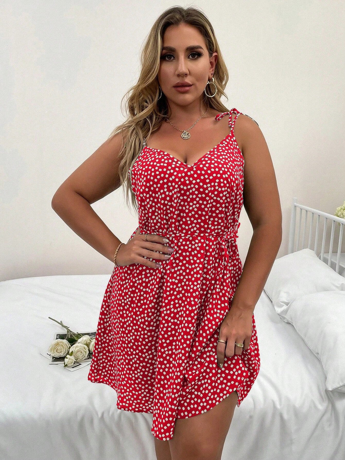 Vestido Feminino Plus Size Estampado de Alças Finas